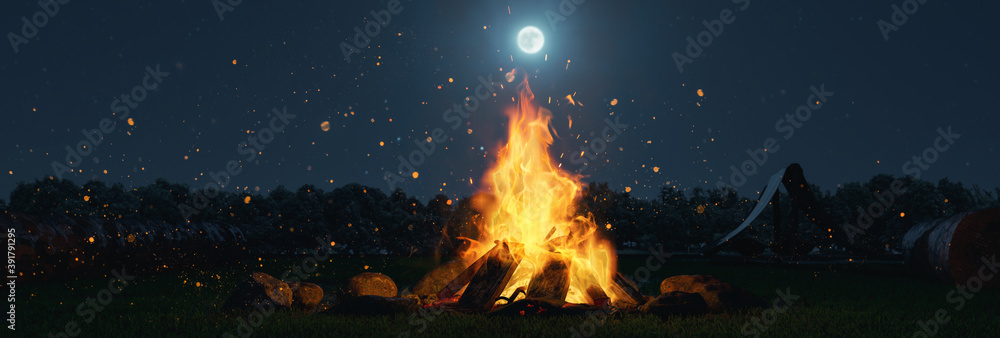 3d rendering of big bonfire with sparks and particles in front of forest and moonlight - obrazy, fototapety, plakaty 