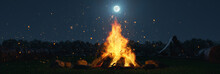 3d Rendering Of Big Bonfire With Sparks And Particles In Front Of Forest And Moonlight