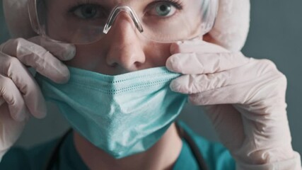 Sticker - female doctor wearing a santa hat on her head wears a medical mask