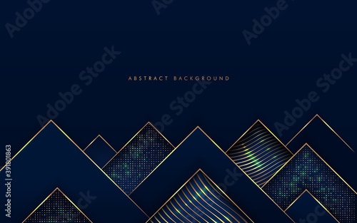 Fotomural Abstract modern luxury dark navy blue gradient triangles shape with golden line and glow glitter texture