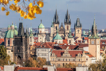 Fototapete - Famous old Prague city center with many top towers during atumn season in Czech Republic