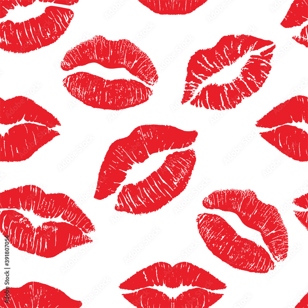 Imprint kiss, Female lipstick kiss print set for valentine day and love illustration isolated on white background. seamless pattern - obrazy, fototapety, plakaty 