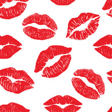 Imprint Kiss, Female Lipstick Kiss Print Set For Valentine Day And Love Illustration Isolated On White Background. Seamless Pattern