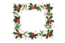 Winter, Christmas & New Year Square Holly Berry & Cedar Leaf Wreath With Loose Red Berries On White Background. Festive Theme & Border For The Holiday Season. Flat Lay, Top View, Copy Space.