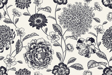 Black And White Seamless Pattern. Roses, Peonies, Hydrangea And Chrysanthemum. Vector.