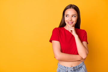 Poster - Photo of wondered lady look side empty space arm on chin wear casual red top isolated yellow color background