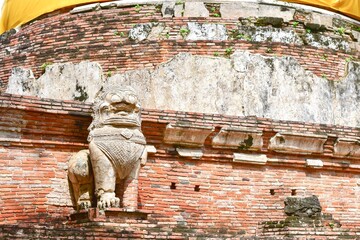 Stone Lion Statue at Wat Mae Nang Pleum in Ayutthaya, Thailand