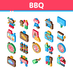 Sticker - Bbq Barbecue Cooking Icons Set Vector. Isometric Bbq Fried Meat And Shrimp, Fish And Bacon, Utensil And Gas Lighter, Grid And Wood Stick Illustrations