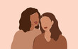 Two beautiful women with different skin colors stand together. Abstract minimal portrait of two girls in earth's natural tones. Concept of sisterhood and females friendship. Vector illustration