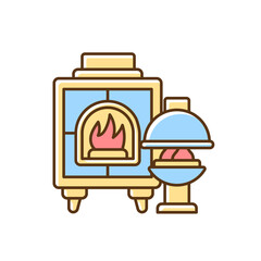 Sticker - Fireplaces RGB color icon. Wood burning stoves. Heating home. Warm and cozy style. House furnishings. Fireboxes. Home decor and interior design. Providing warmth. Isolated vector illustration