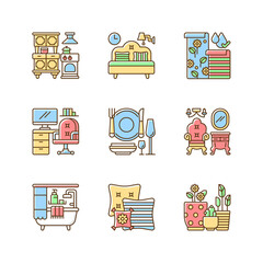 Sticker - Home furnishing RGB color icons set. Kitchen appliances. Bedroom furniture. Wallpapers. Home workspace. Eating utensils. Vintage style. Decorative pillows. Isolated vector illustrations