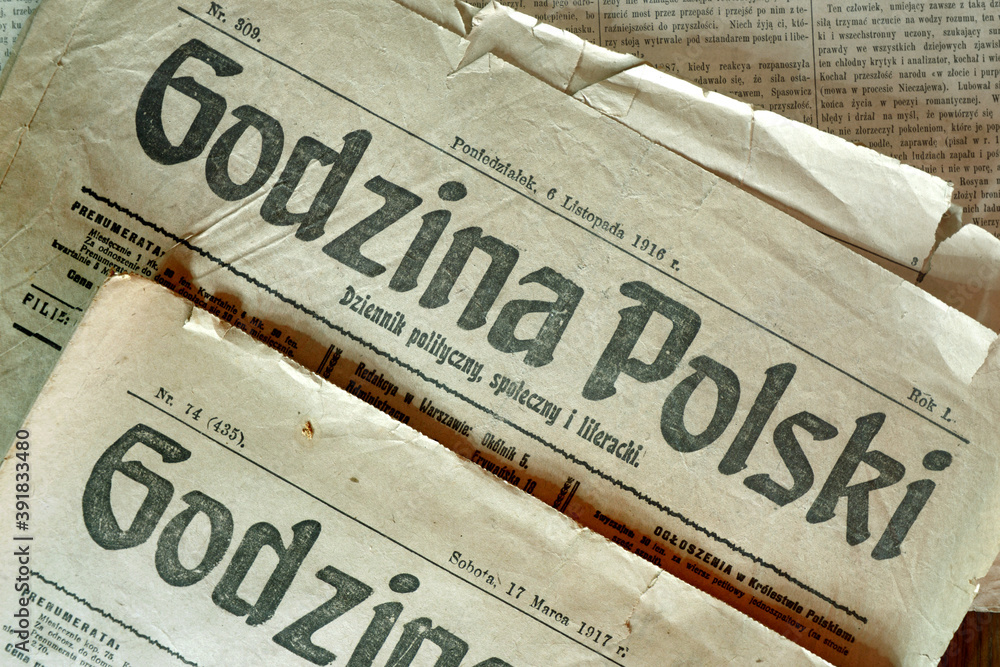 "Godzina Polski" - 1916 - polskojęzyczny dziennik z czasów I wojny światowej, kontrolowany przez Niemców - nazwę przekręcano na "Gadzina" stąd popularne w czasie II WŚ słowo "gadzinówka" - obrazy, fototapety, plakaty 
