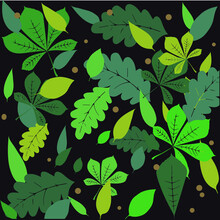 Green Leaves Pattern On Dark Background.