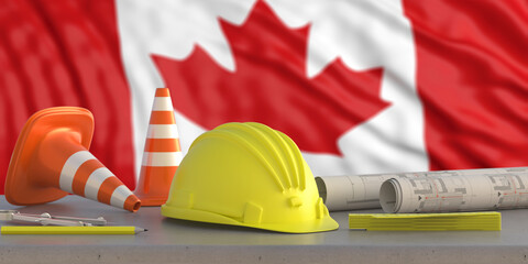 Wall Mural - Hardhat and safety equipment on Canada flag background, 3d illustration