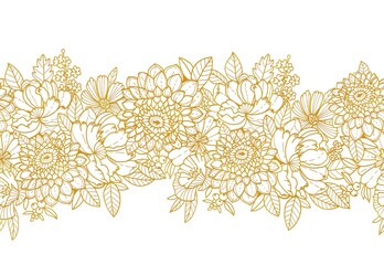 golden seamless ornament of flowers on a white background, delicate pattern for creating designs and invitations to the holidays