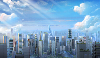 A 3D illlustrated vista of a futuristic city downtown, with greenery and parks, an ecological vision of the future of cities.