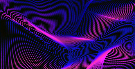 Wall Mural - Glowing neon holographic grid, glitched wavy surface. Abstract science and technology background.