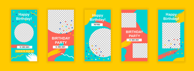 Wall Mural - Birthday party editable templates set for Instagram stories. Happy birthday congratulation layout. Bright design for social networks. Insta story mockup with free copy space vector illustration.