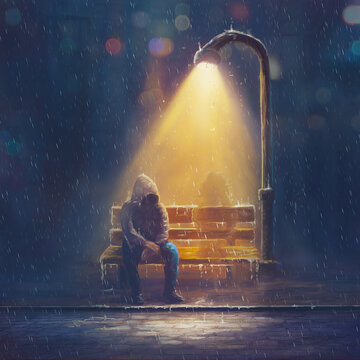 Digital Painting of a man in rain storm