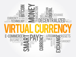 Virtual currency word cloud collage, business concept