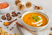 Orange Soup In A Bowl, Pumpkin, Carrot Or Coral Lentils
