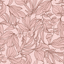 Monochrome Seamless Pattern With Pink Leaves
