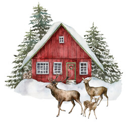 watercolor christmas card with red house and deers in winter forest. hand painted illustration with 