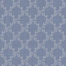 Seamless French Farmhouse Foliage Linen Pattern. Provence Blue White Woven Texture. Shabby Chic Style Decorative Leaf Fabric Background. Textile Rustic All Over Print