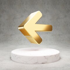 Arrow Left icon. Shiny golden Arrow Left symbol on white marble podium.