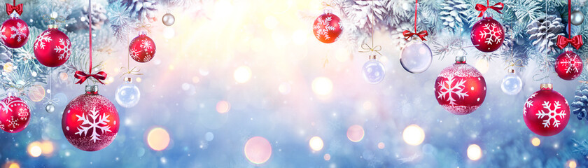 christmas balls hanging fir branches with lights in abstract defocused background
