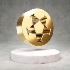 Soccer Ball icon. Shiny golden Soccer Ball symbol on white marble podium.