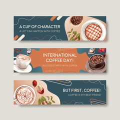 Banner with international coffee day concept design for advertise and marketing watercolor vector