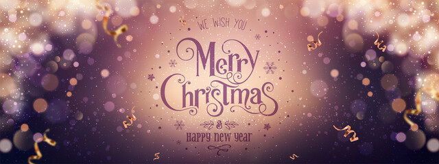 Wall Mural - merry christmas and new year text lettering on dark holiday background with gold ribbons, sparkles, 