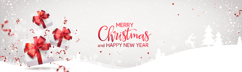 Wall Mural - red merry christmas and happy new year text on light holiday background with christmas gift boxes, r