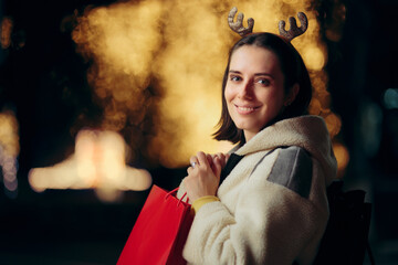 Happy Christmas Woman With Shopping Bag