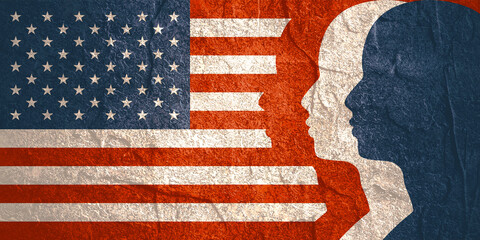 Wall Mural - man avatar profile view. male face silhouettes row. flag of usa