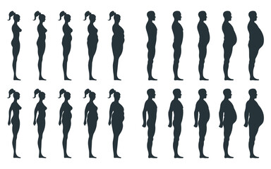 Black view side body silhouette, fat extra weight female, male anatomy human character, people dummy isolated on white, flat vector illustration. Unhealthy lifestyle.