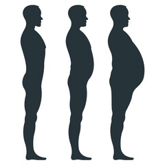 Wall Mural - Black view side body silhouette, fat extra weight male anatomy human character, people dummy isolated on white, flat vector illustration. Unhealthy lifestyle.