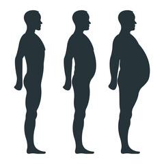 Wall Mural - Black view side body silhouette, fat extra weight male anatomy human character, people dummy isolated on white, flat vector illustration. Unhealthy lifestyle.