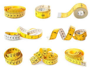 Set of yellow measuring tapes on white background