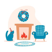 Hand Drawn Christmas Scandinavian Interior With Fireplace, Wreath, Cat, Carpet, Chair. Cozy Holiday Room With Kitten Near Fireplace. Vector Flat Illustration. Design For Greeting Card, Banner, Sticker