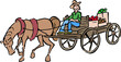 Horse carrying wagon with man and goods