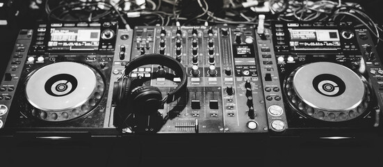 Close up of Dj mixes the track in nightclub at party. Hands of dj tweak various track controls on dj's deck.