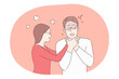 Scandal, quarrel, fighting, abuse concept. Young aggressive angry woman cartoon character choking frustrated scared boyfriend or husband during showdown with hands on his neck