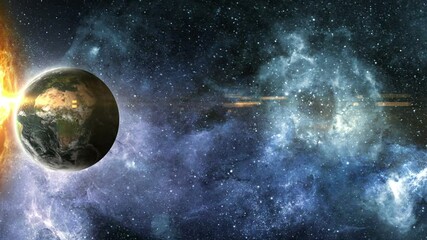 Wall Mural - earth and sun on the background of a beautiful nebula, 3d animation