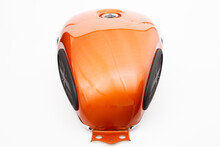 Fuel Tank Orange Of Motorcycle On Rear View Over White Background