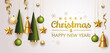 Merry Christmas and Happy New Year Holiday white banner illustration. Xmas design with realistic vector 3d objects, christmas tree, golden Christmas ball, snowflake, glitter gold confetti. Vector