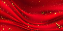 Red Curtain Background. Grand Opening Event Design. Confetti Gold Ribbons. Luxury Greeting Rich Card.