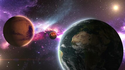 Wall Mural - earth mars venus and mercury on the background of a beautiful nebula, 3d animation
