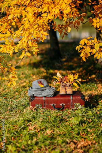 Autumn coziness, yellow and red foliage. Old boots, felt hat, knitted throw on the brown vintage suitcase in autumn forest. Shoes with foliage inside.